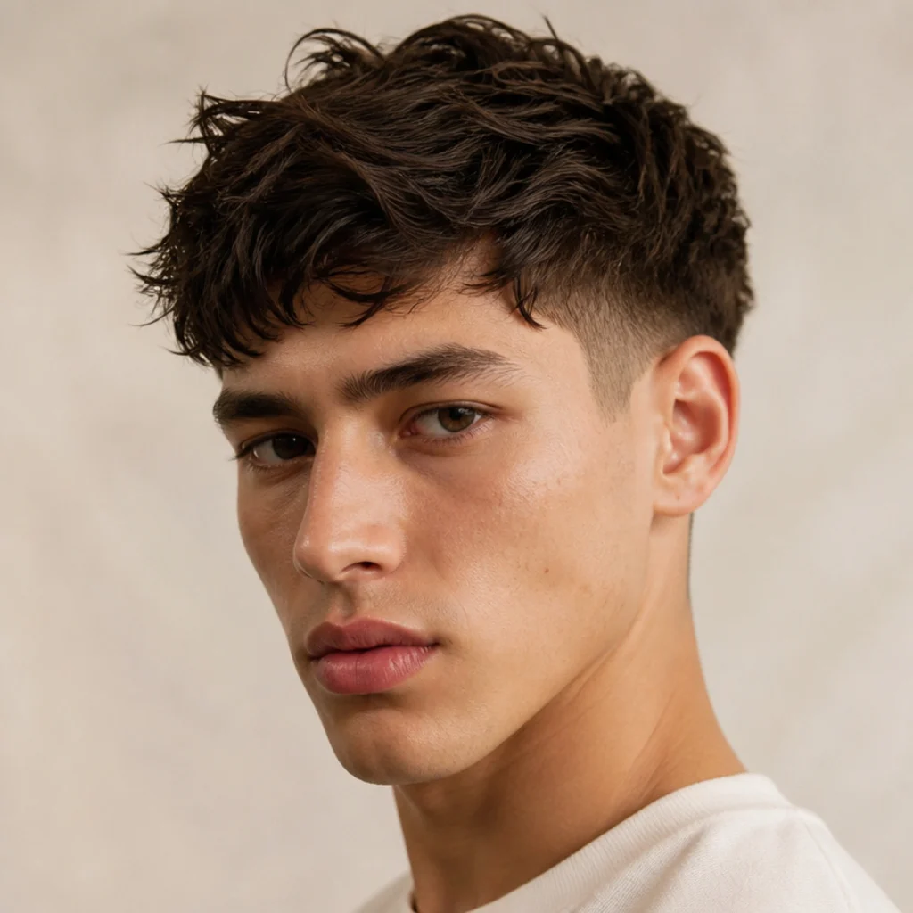 Front three-quarter view of a man with a messy, tousled edgar cut and a matte piecey top