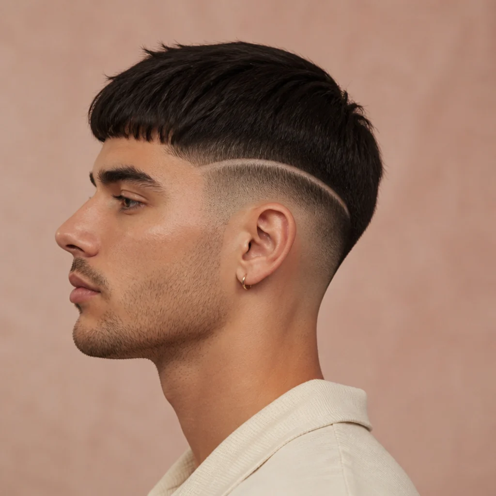Side view of a man with an edgar cut featuring a shaved geometric line design above the ear