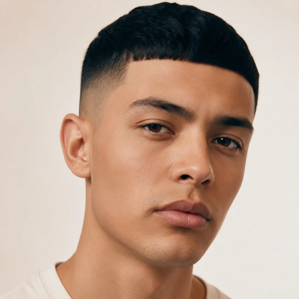 Front portrait of a man with a very short, tight blunt edgar cut and a clean skin taper
