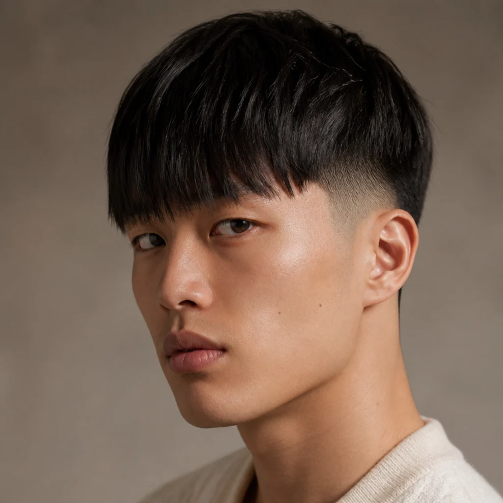 Three-quarter view of a man with a long-fringe edgar cut, the fringe reaching down to the eyebrows