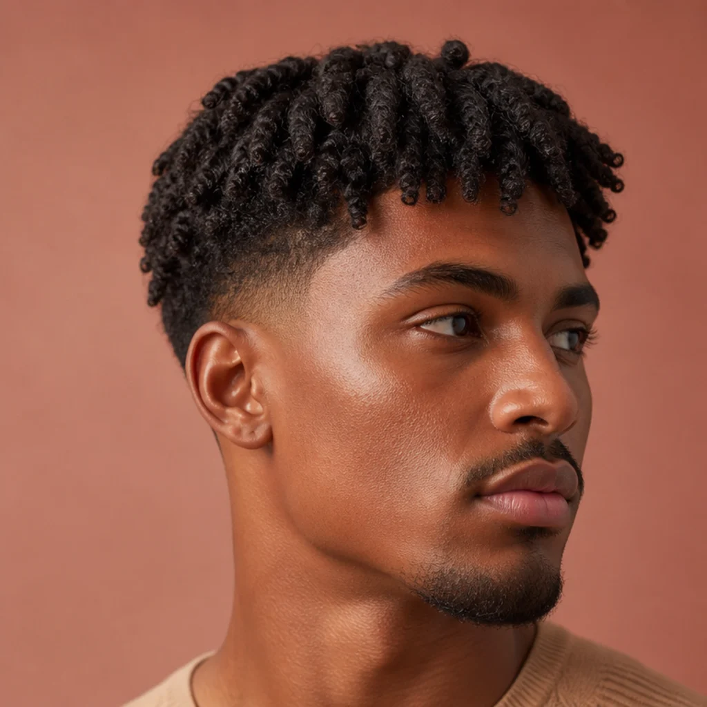 Close shot of a man with an edgar cut and defined two-strand-twist curls on top over a taper fade