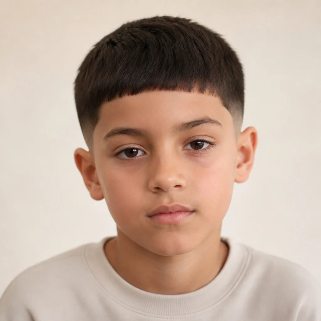 Front view of a young boy with a neat edgar cut and a soft, grown-out-friendly taper on the sides