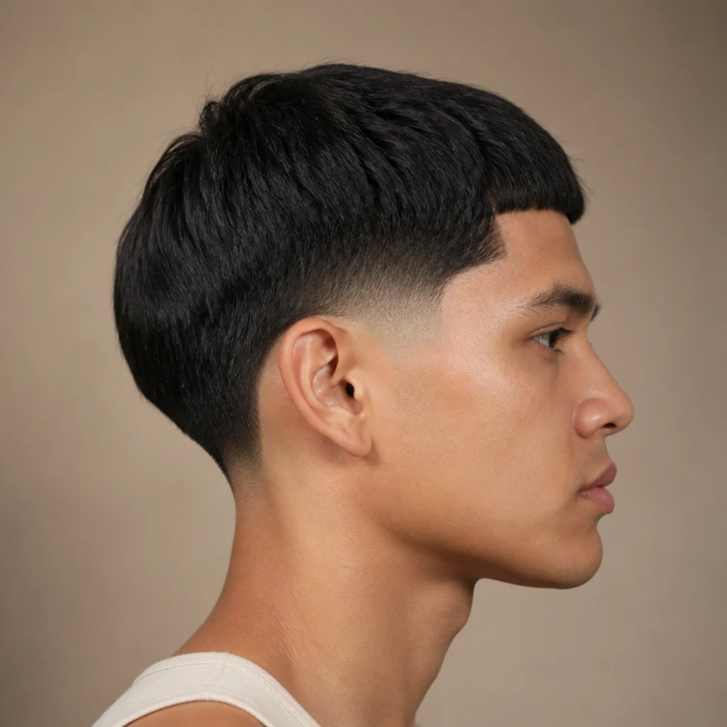 Side profile of a man with an edgar cut and a drop fade curving low behind the ear