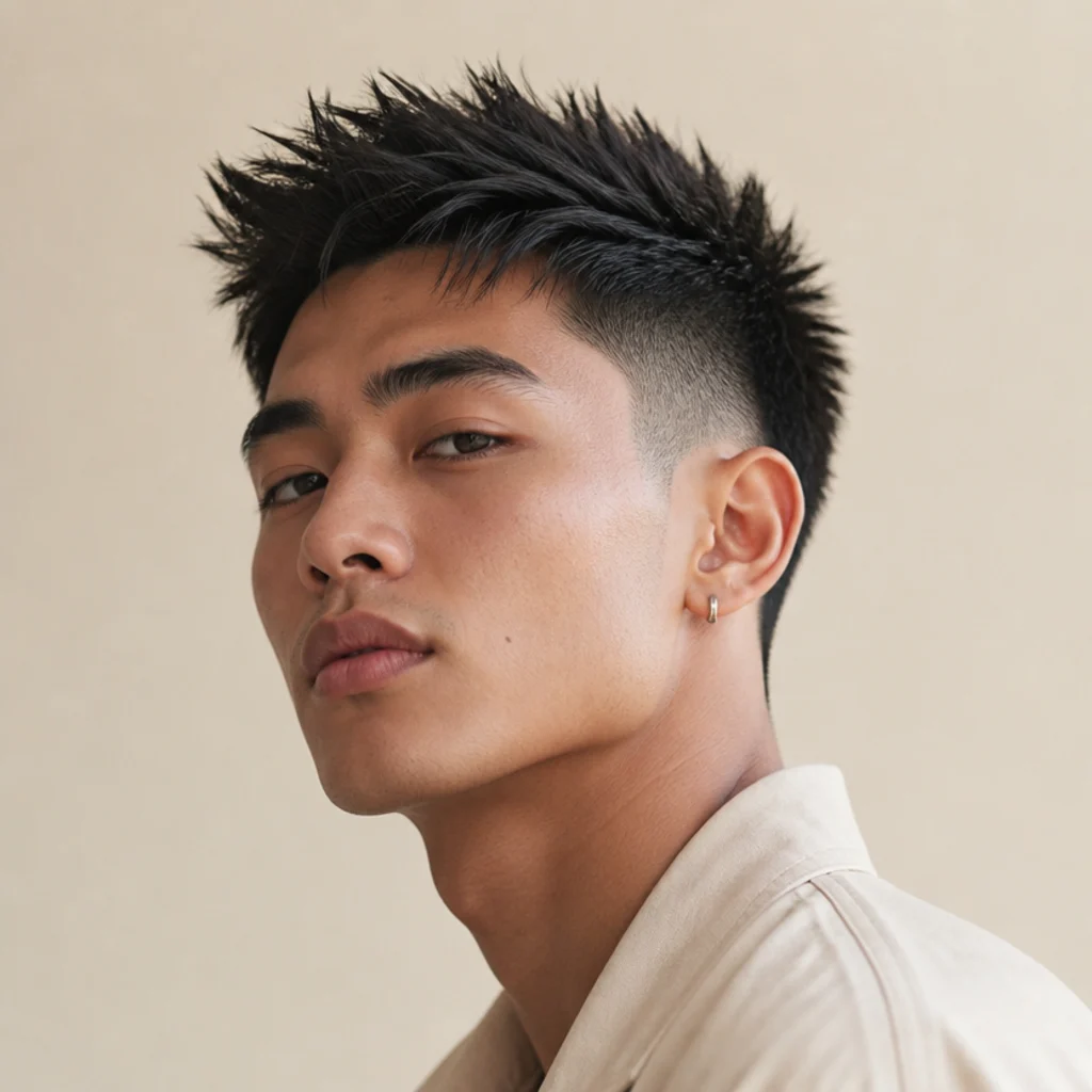 Three-quarter view of a man with a spiky edgar cut, short spikes lifted and separated at the front