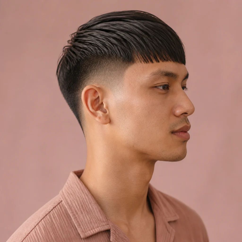 Side view of a man with an edgar cut styled into a sleek comb-over sweeping to one side