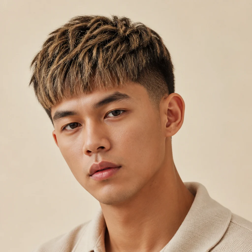 Front three-quarter view of a man with an edgar cut and dimensional blonde highlights worked through the top