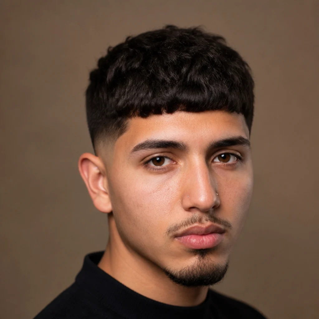 Front portrait of a man with thick coarse hair shaped into a dense, full blunt edgar cut
