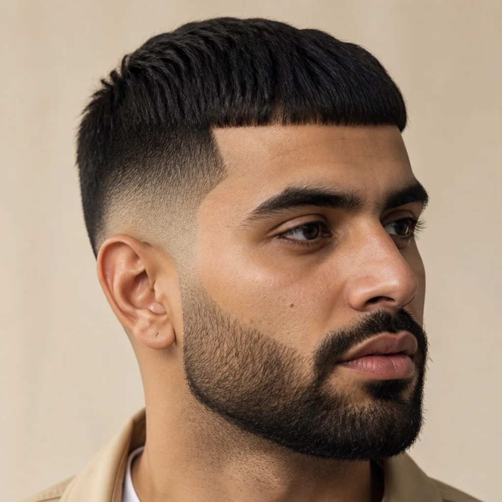 Three-quarter view of a man with an edgar cut and a beard that blends into the hairline sides