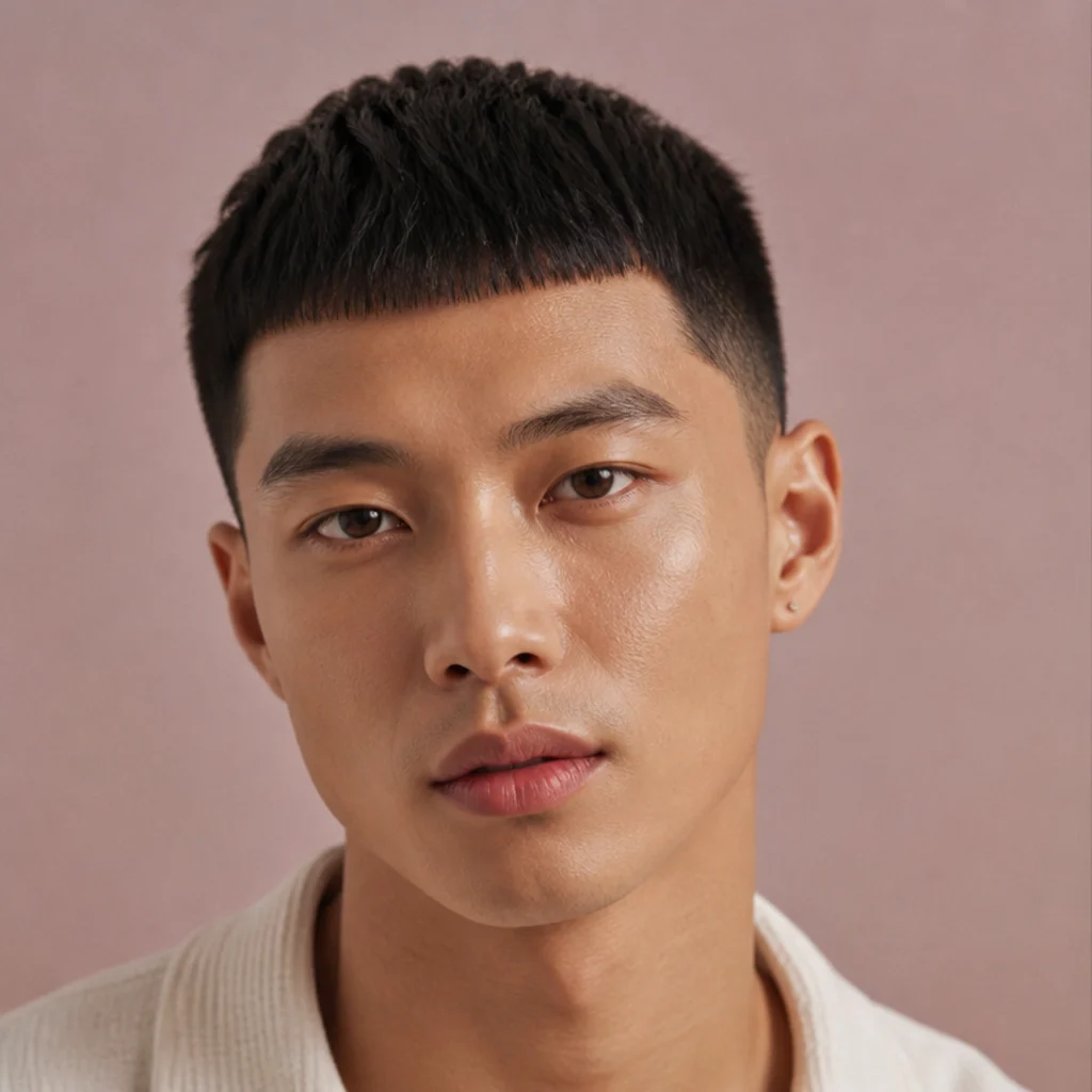 Front studio portrait of a man with a clean, minimal edgar cut and a subtle taper on a soft blush background