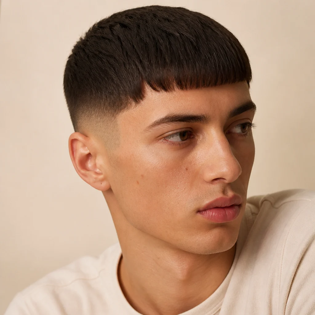 Three-quarter studio portrait of a young man with a blunt edgar cut and a clean skin taper on a warm ivory background