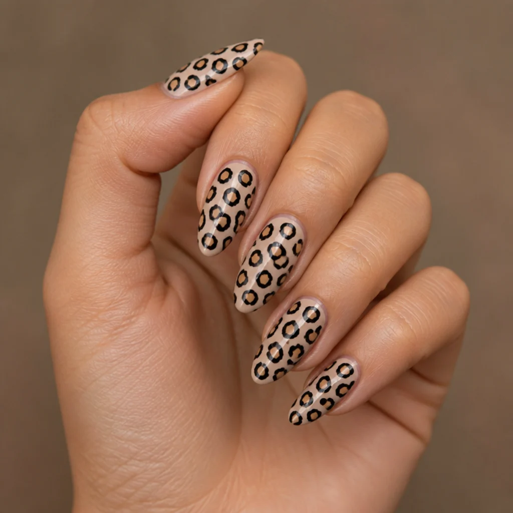 Almond acrylic nails in soft nude with tan and black broken-ring leopard rosettes and a glossy finish