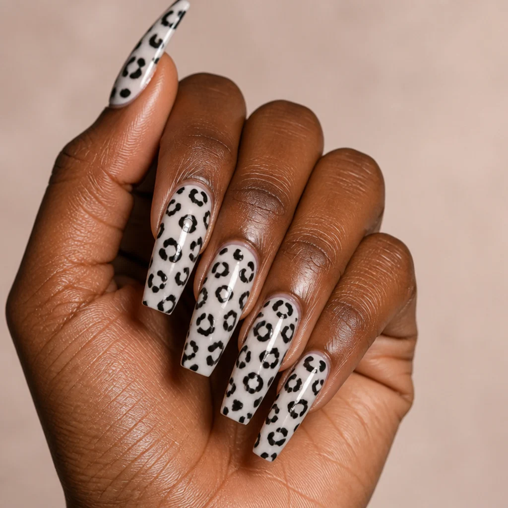 Coffin acrylic nails in milky white with bold solid-black leopard spots and a glossy gel top coat