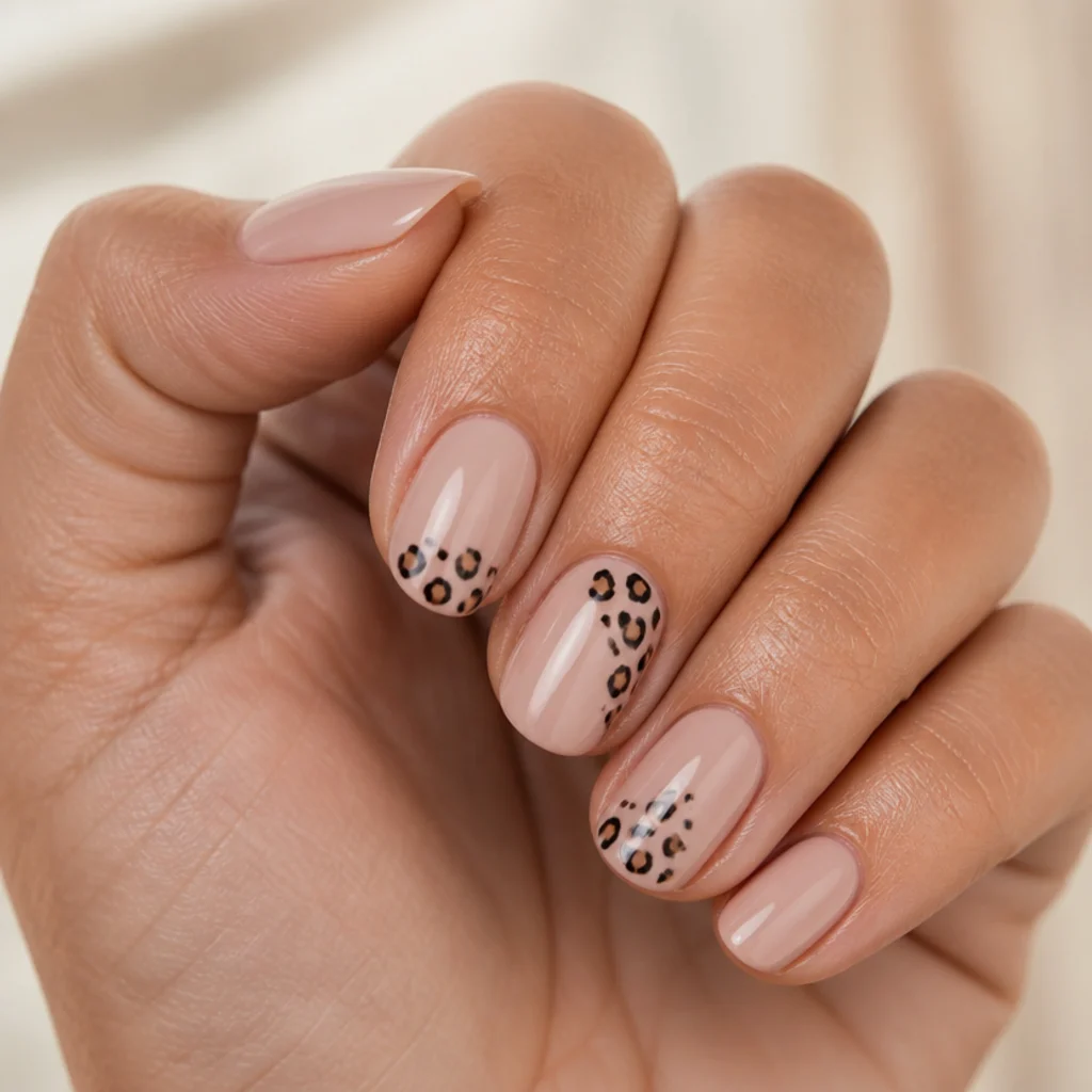 Short round acrylic nails in nude with small-scale black and brown leopard rosettes and a natural glossy finish