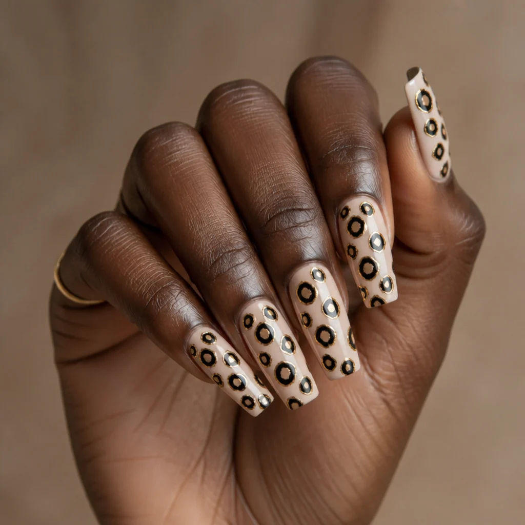 Long coffin acrylic nails in warm beige with black leopard rosettes outlined in fine gold foil