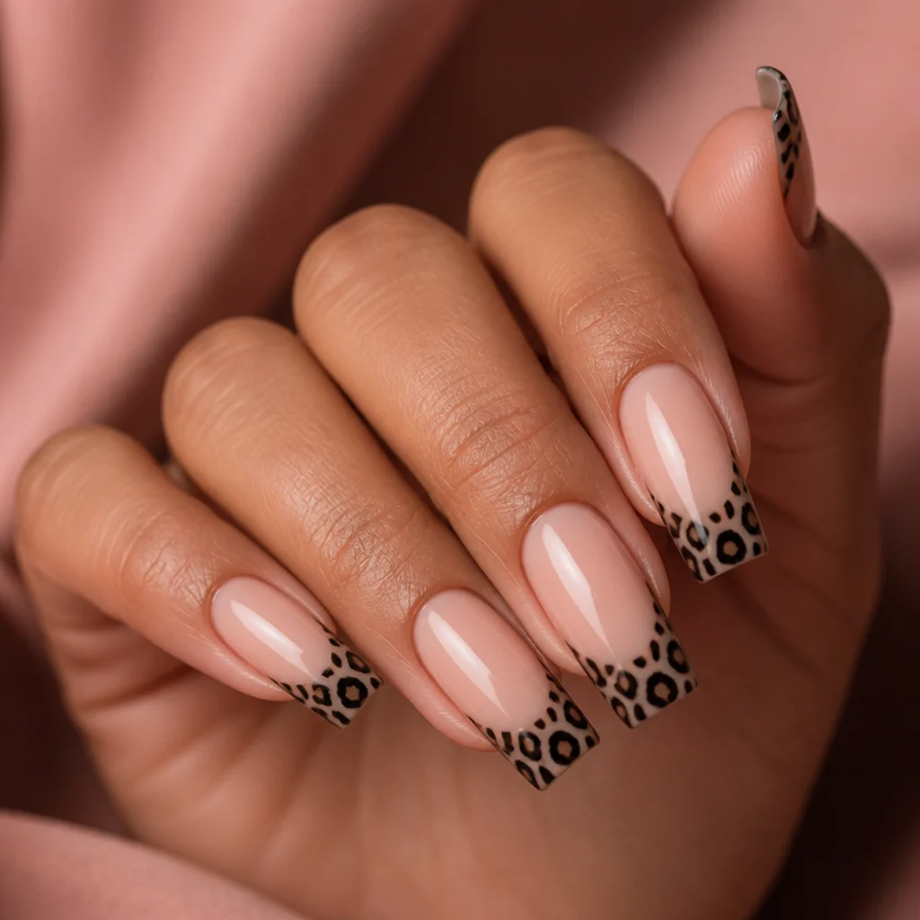 Long square acrylic nails in sheer nude with black leopard print filling only the tips