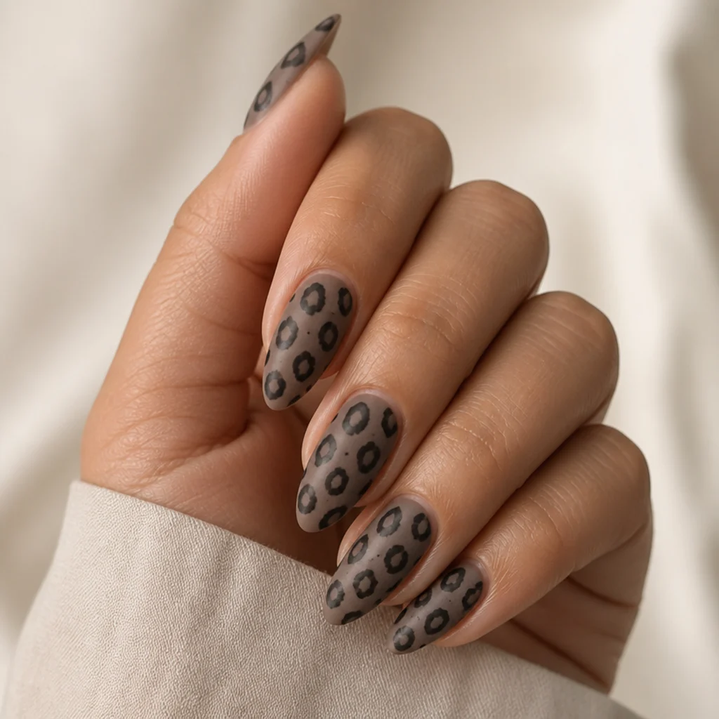 Almond acrylic nails in matte taupe with tonal black leopard rosettes and a velvety flat finish