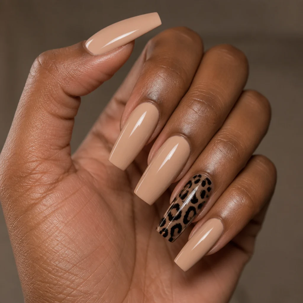 Coffin acrylic nails in solid nude with one ring-finger accent featuring black leopard print