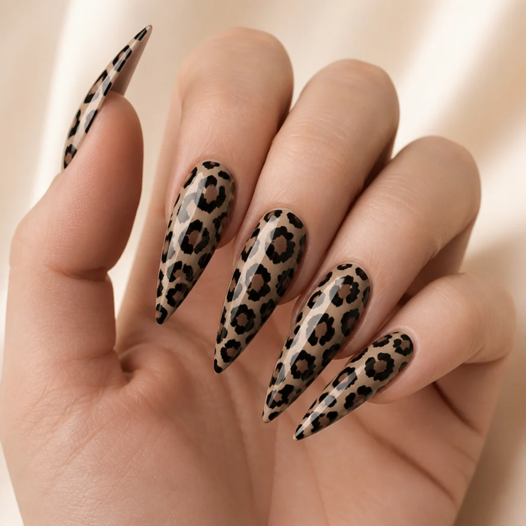 Long stiletto acrylic nails in nude with dramatic dense black-and-tan leopard rosettes and a high-gloss finish