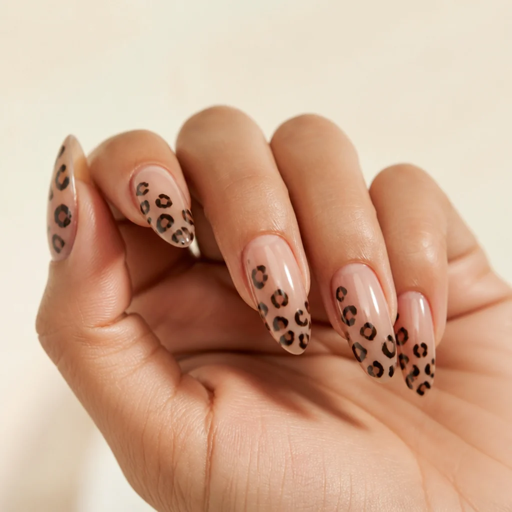 Almond acrylic nails with a clear negative-space base and scattered floating black leopard spots