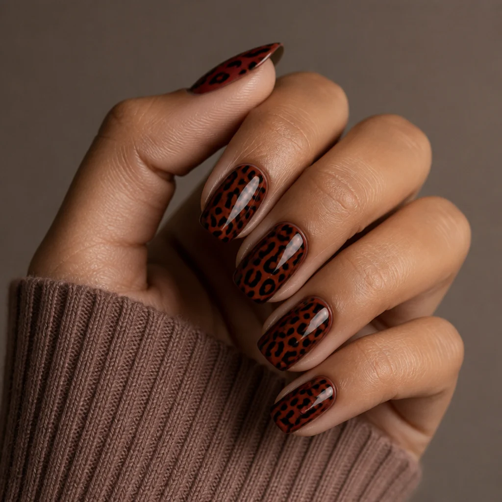 Squoval acrylic nails in warm rust with black leopard rosettes and a glossy finish