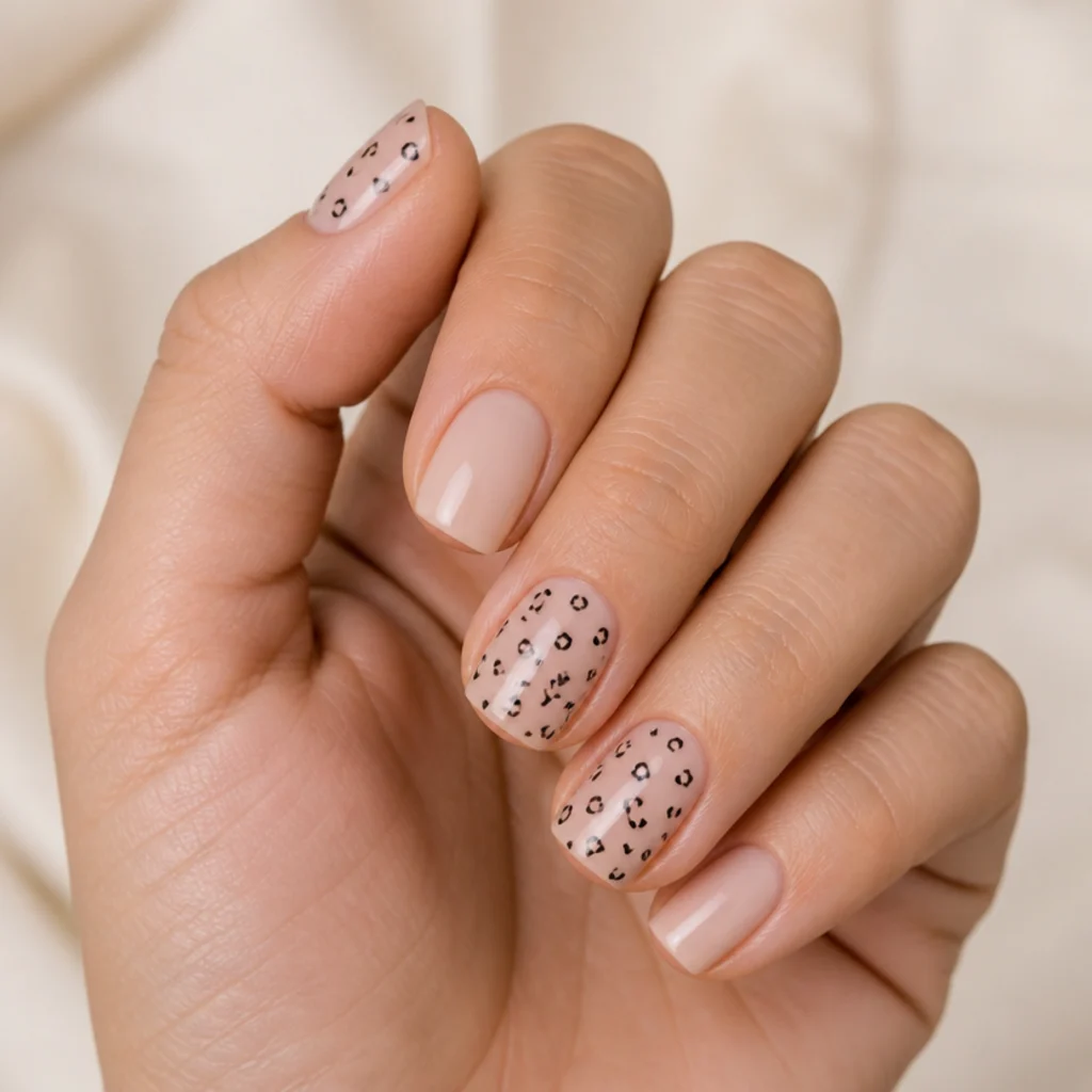Short squoval acrylic nails in soft nude with tiny delicate black leopard spots reading like texture