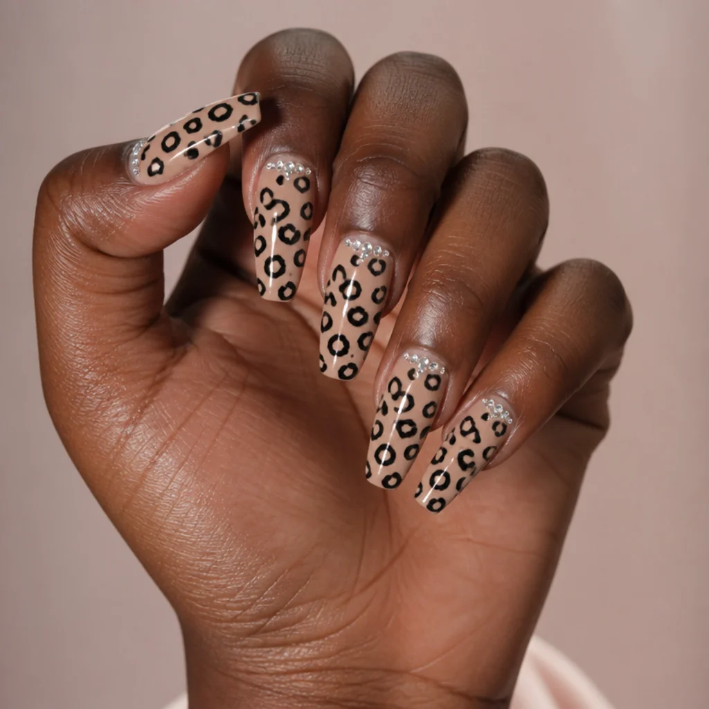 Coffin acrylic nails in beige with black leopard rosettes and a small cluster of clear rhinestones near the cuticle