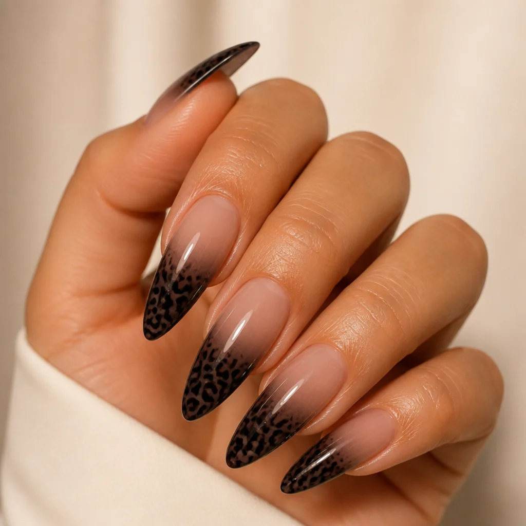 Long almond acrylic nails with a smooth nude-to-black ombre base and black leopard spots gathered at the tips