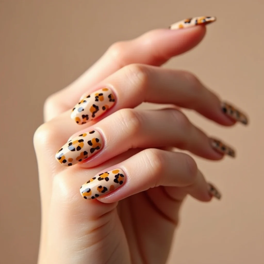 Close-up of almond acrylic nails in nude with hand-painted black leopard spots and glossy finish