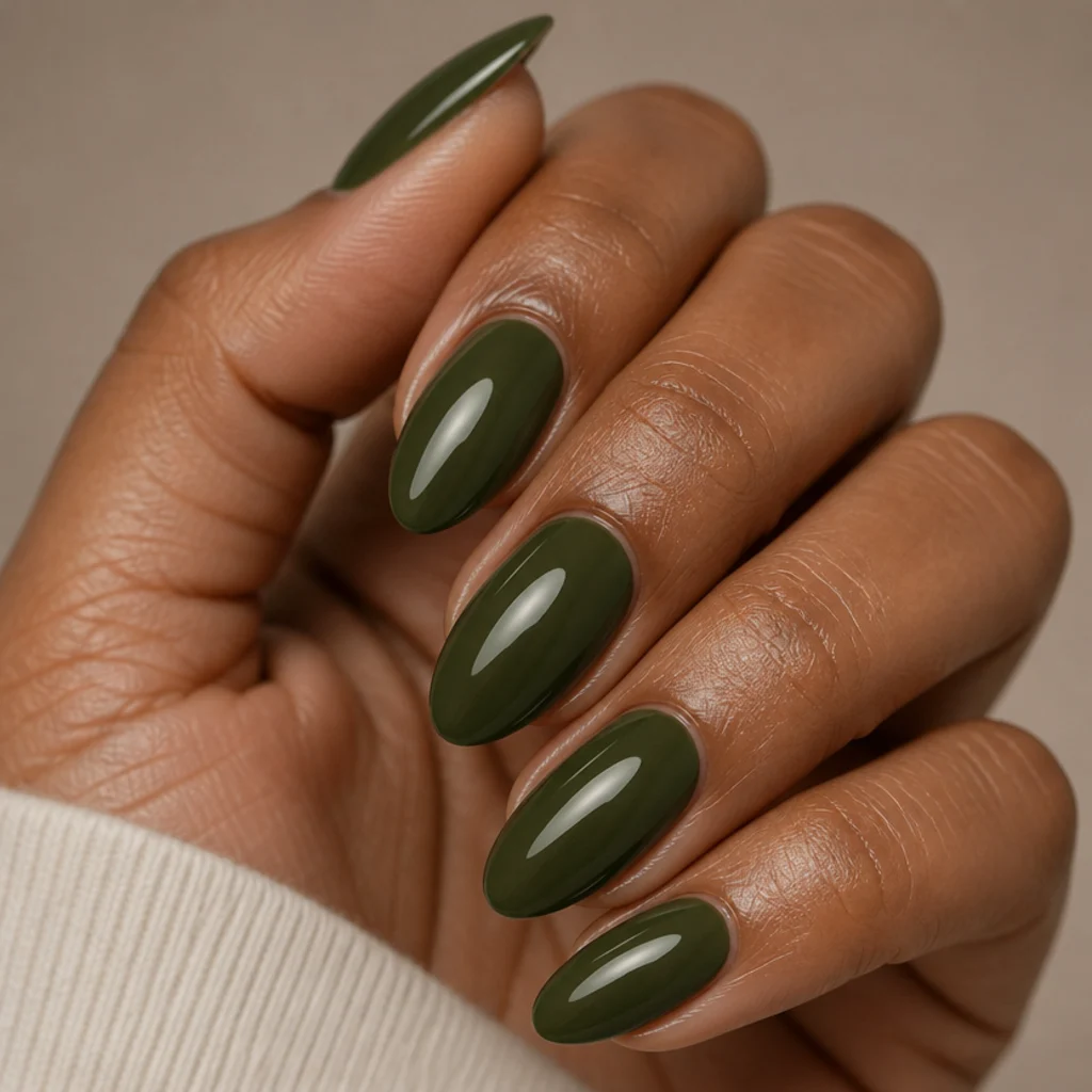 Deep dark olive green almond acrylic nails, high gloss, on medium-warm skin tone