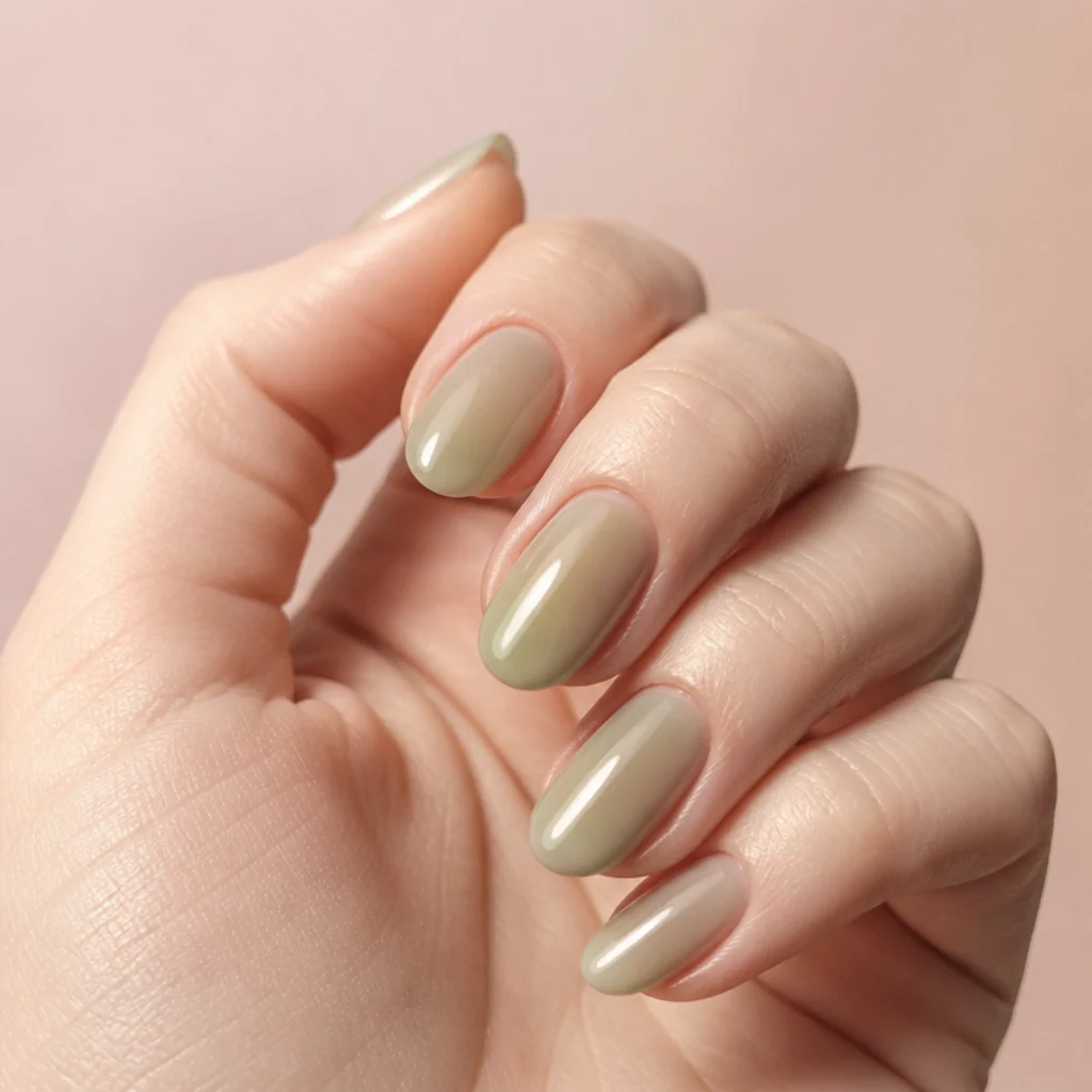 Light olive green sheer acrylic nails with milky translucency on fair skin, soft studio light