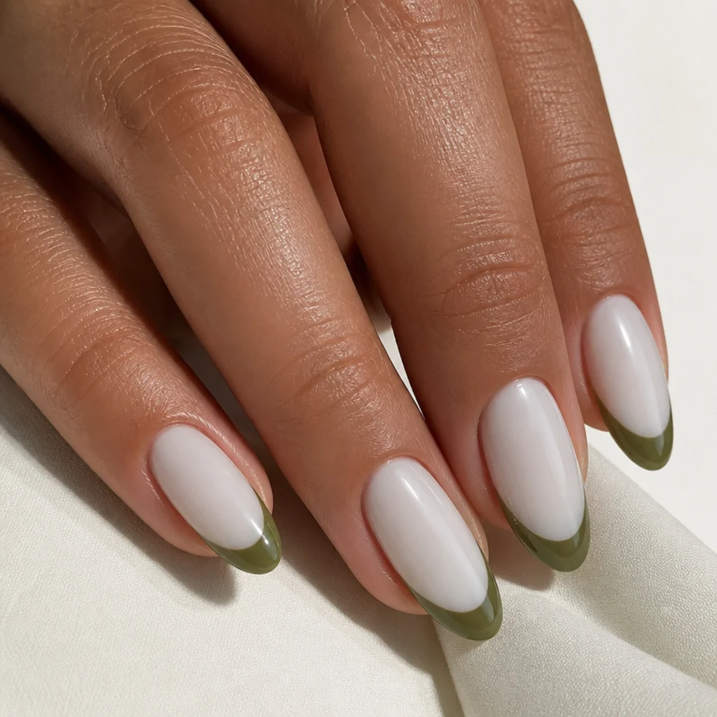 Olive green and white French tip almond nails, crisp smile line, editorial macro on tan skin
