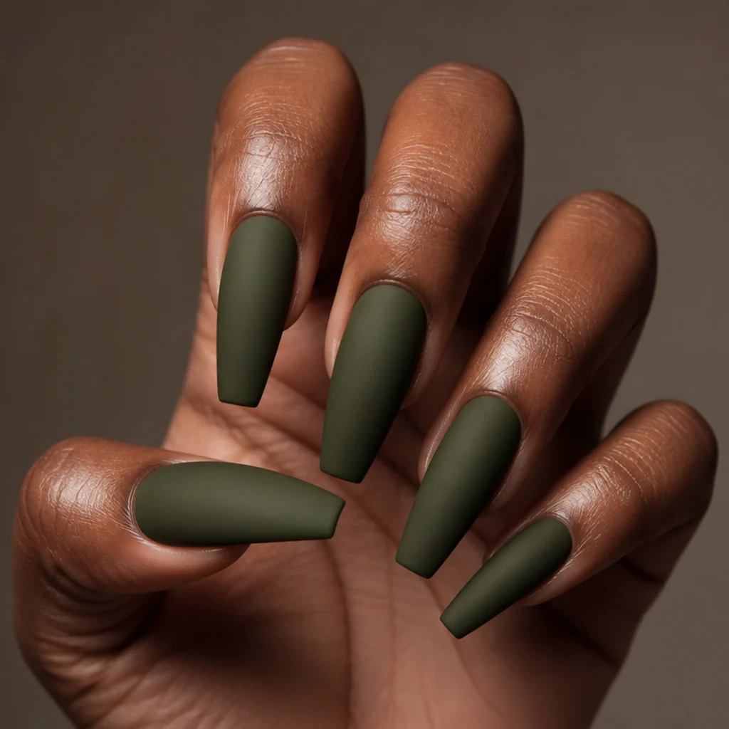 Matte deep forest olive green coffin acrylic nails on deep skin tone, velvety finish