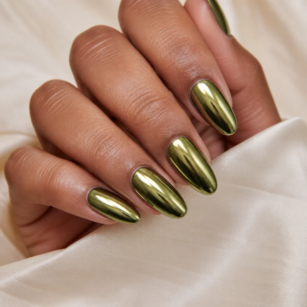 Olive green chrome mirror acrylic nails with metallic reflective finish, almond shape, warm light
