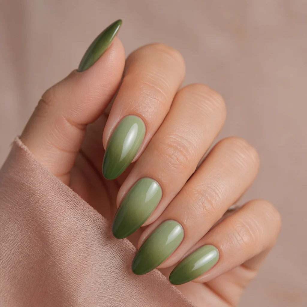 Sage to deep olive green ombre acrylic nails, gradient blend, medium length, soft blush background