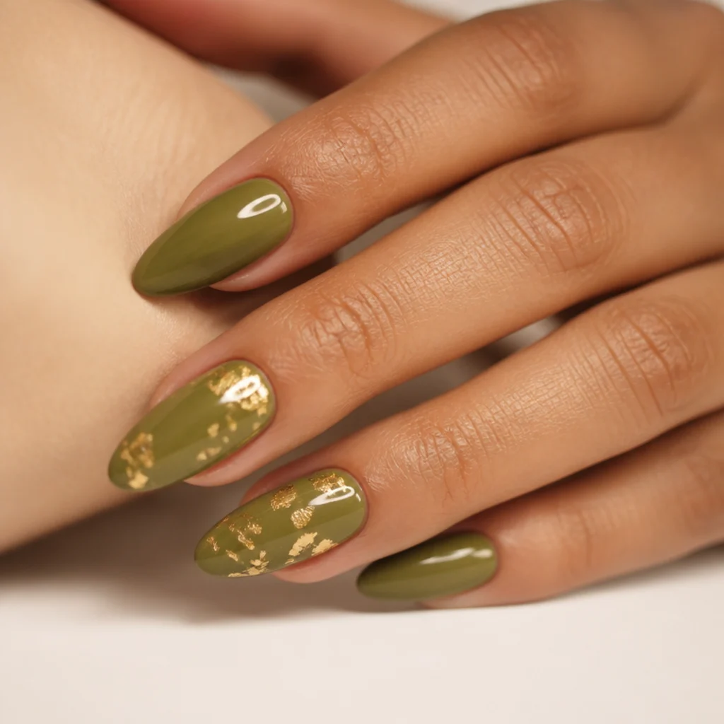 Olive green almond acrylic nails with delicate gold foil flecks, glossy finish on olive skin tone