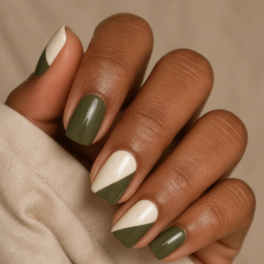 Olive green and cream color-block acrylic nails, half-and-half geometric design, square shape