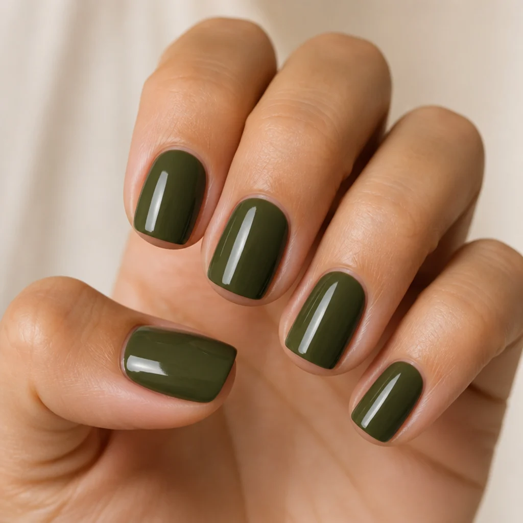 Glossy dark olive green square acrylic nails, short length, mirror shine on light-medium skin