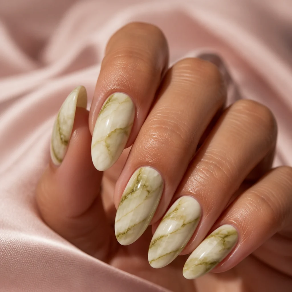 Olive green and white marble swirl acrylic nails, veined pattern, almond shape, editorial macro