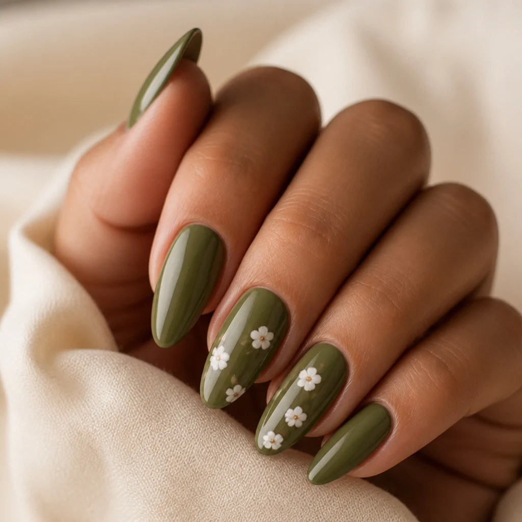 Olive green acrylic nails with tiny hand-painted white flowers, almond shape, warm ivory backdrop