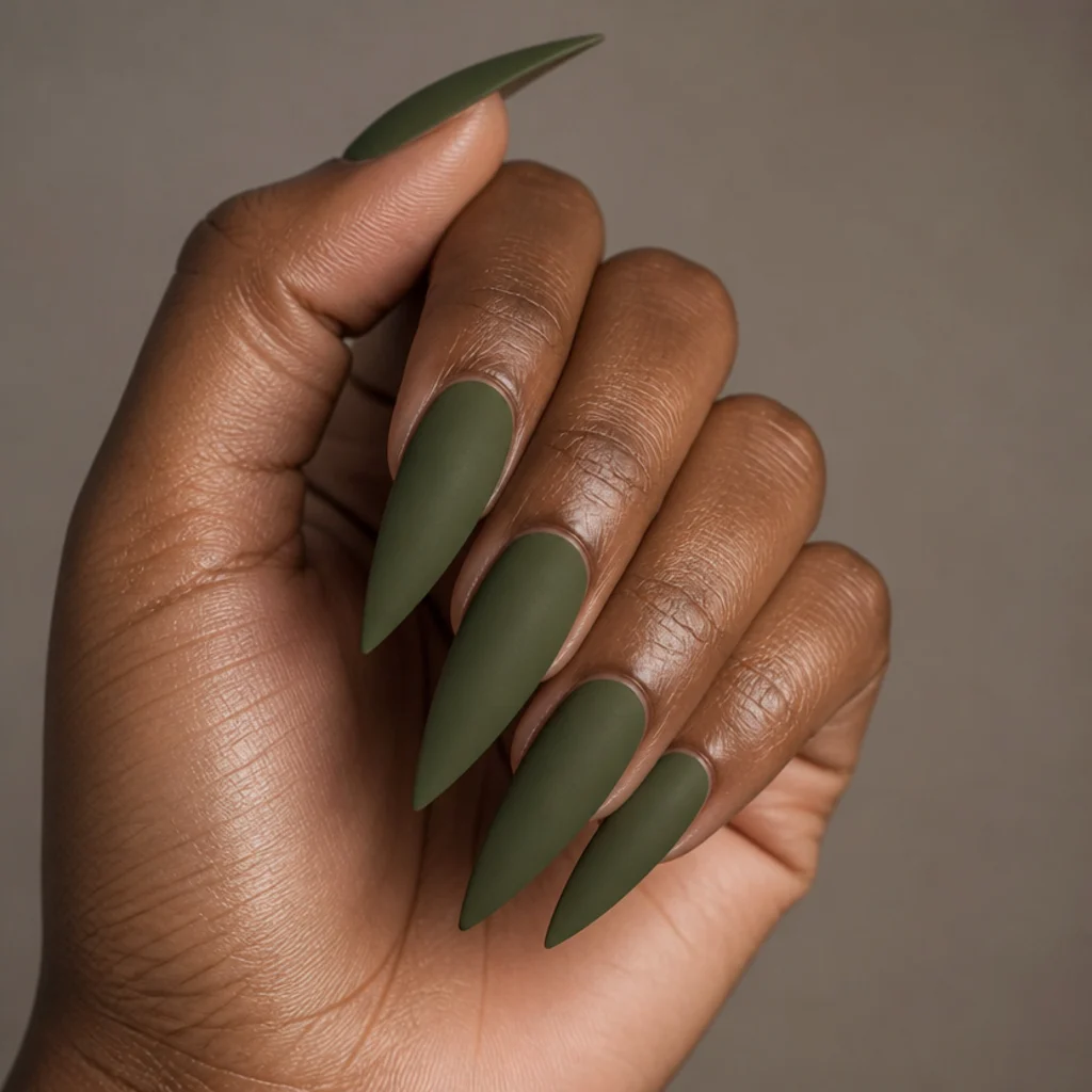 Velvet matte olive green stiletto acrylic nails, long tapered points, deep skin tone, soft light