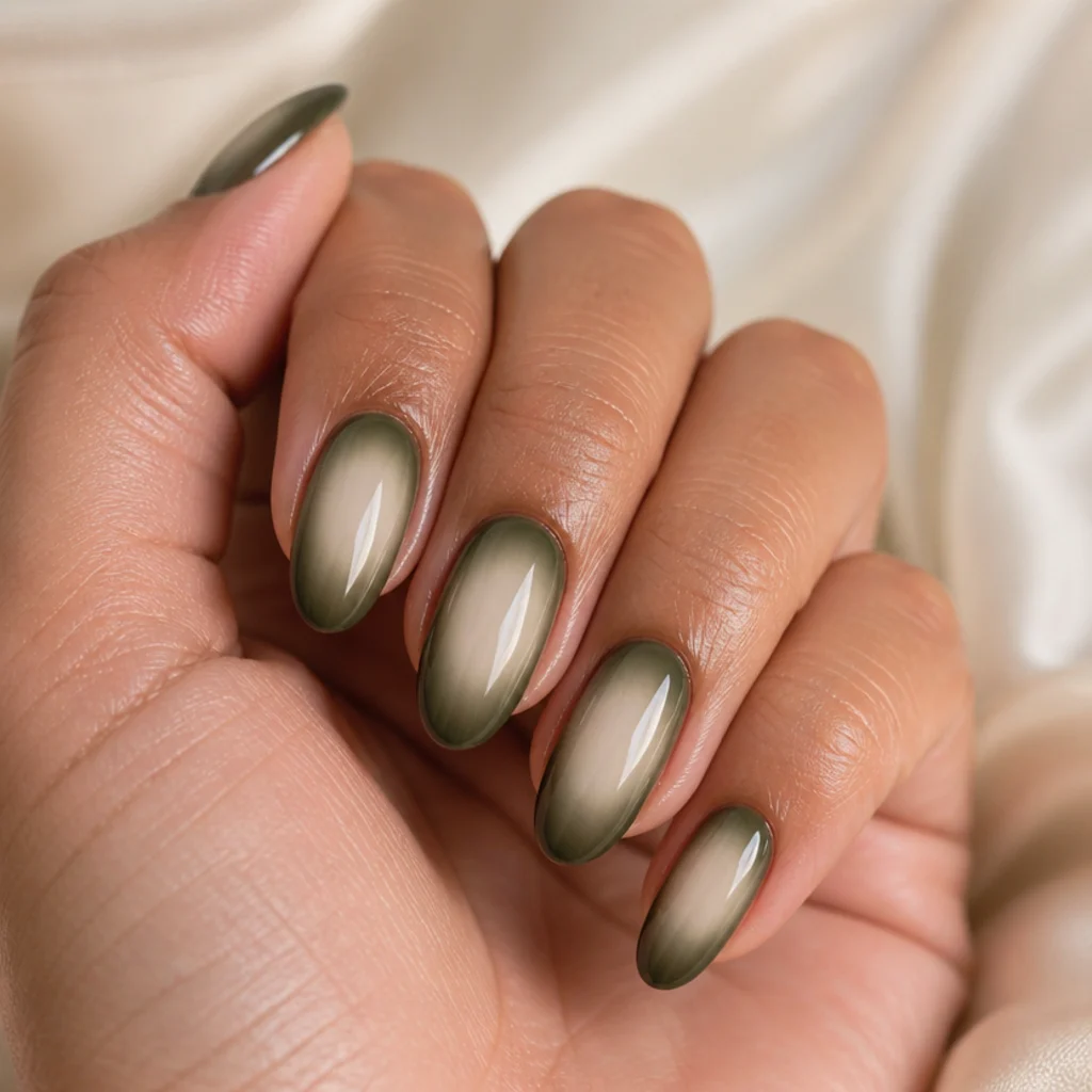 Olive green aura acrylic nails with airbrushed glowing halo center, almond shape, dreamy soft light