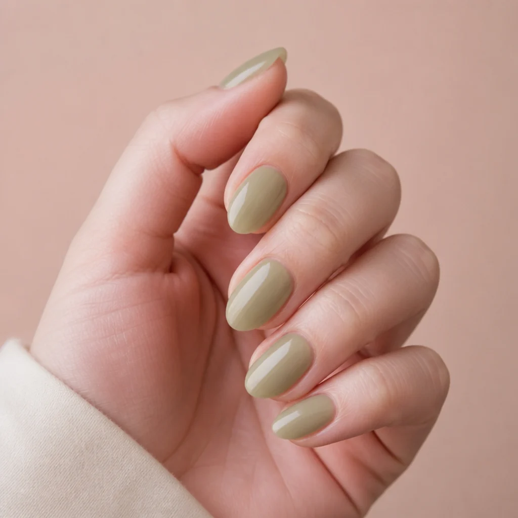 Light olive green milky acrylic nails, semi-sheer soft overlay, short almond, fair skin, gentle light