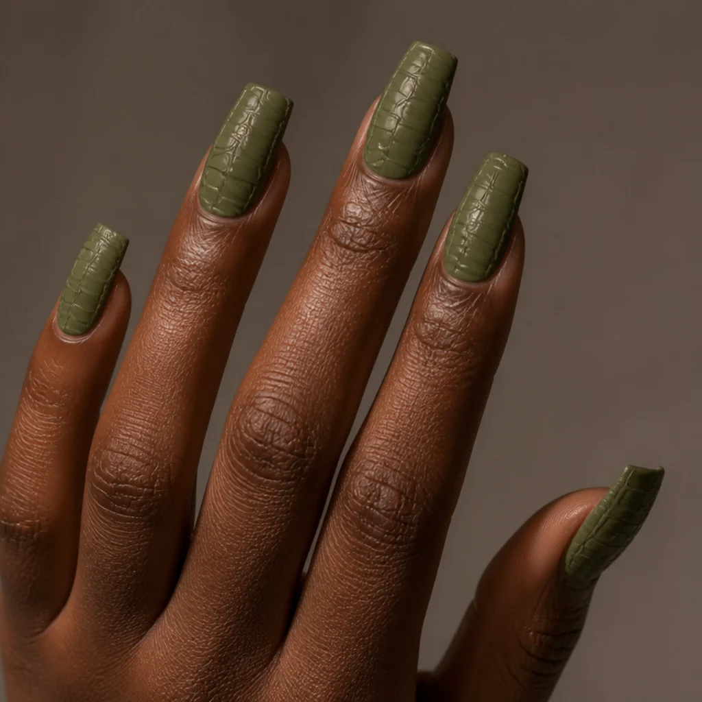 Olive green croc-skin textured acrylic nails, embossed pattern, coffin shape, matte finish, deep skin