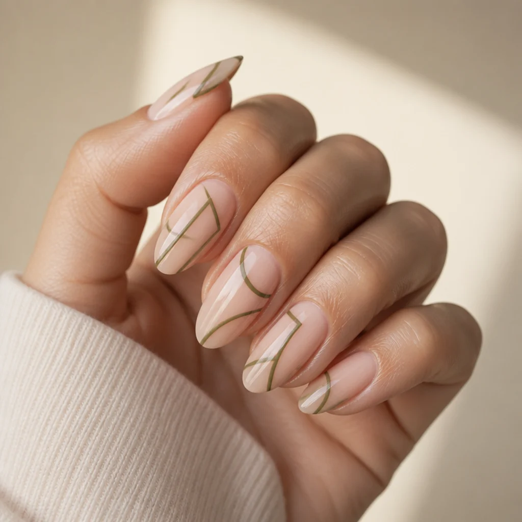 Olive green negative-space line-art acrylic nails, thin geometric lines over bare nail, almond shape
