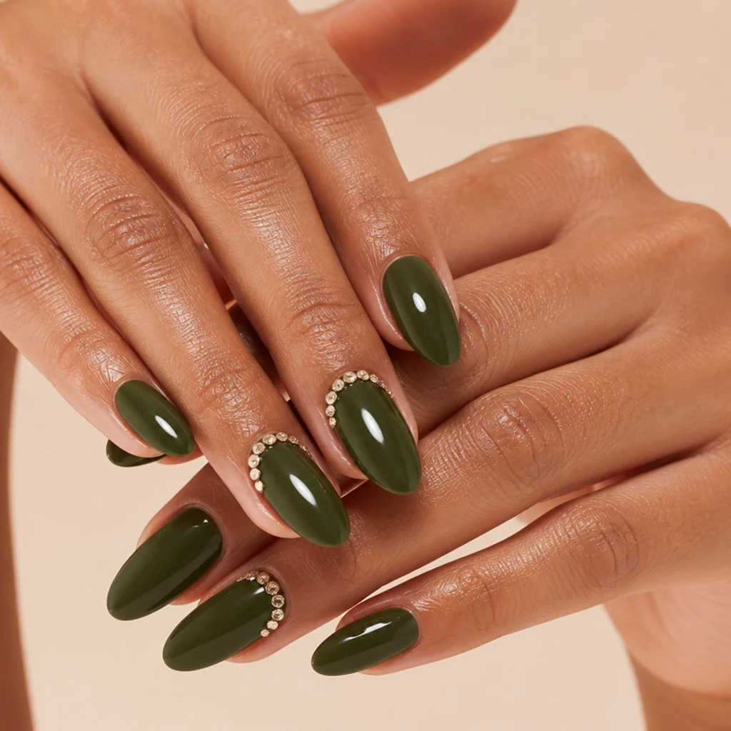 Deep olive green acrylic nails with a row of rhinestones at the cuticle, almond shape, glamorous macro