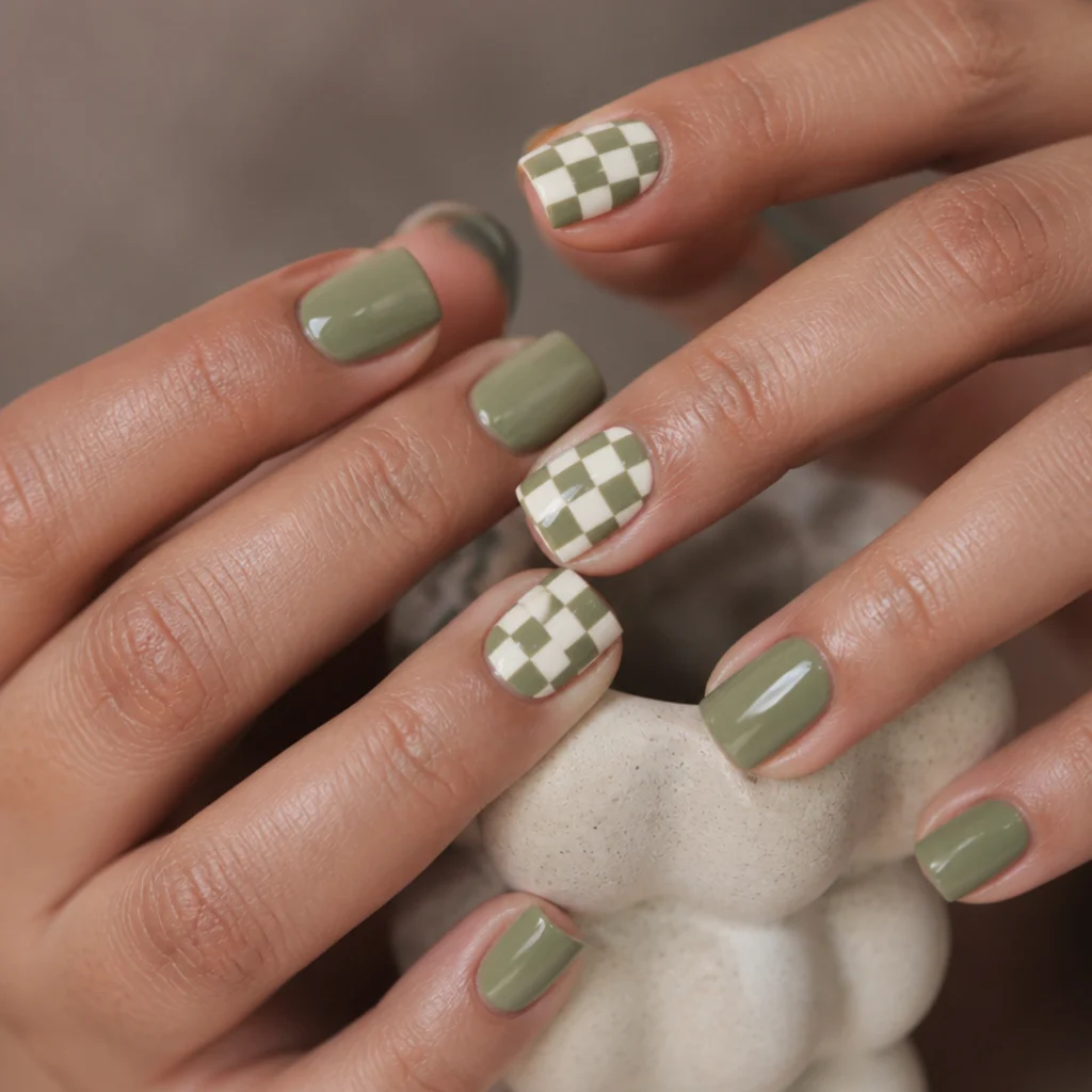 Olive green and white checkerboard acrylic nails, retro grid pattern, square shape, playful editorial