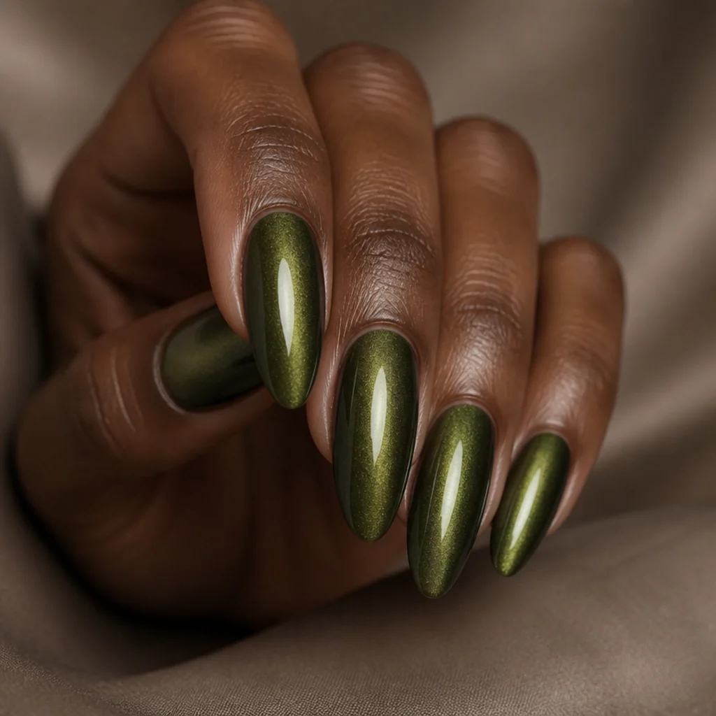 Olive green cat-eye magnetic acrylic nails with shimmering light streak, almond shape, moody light