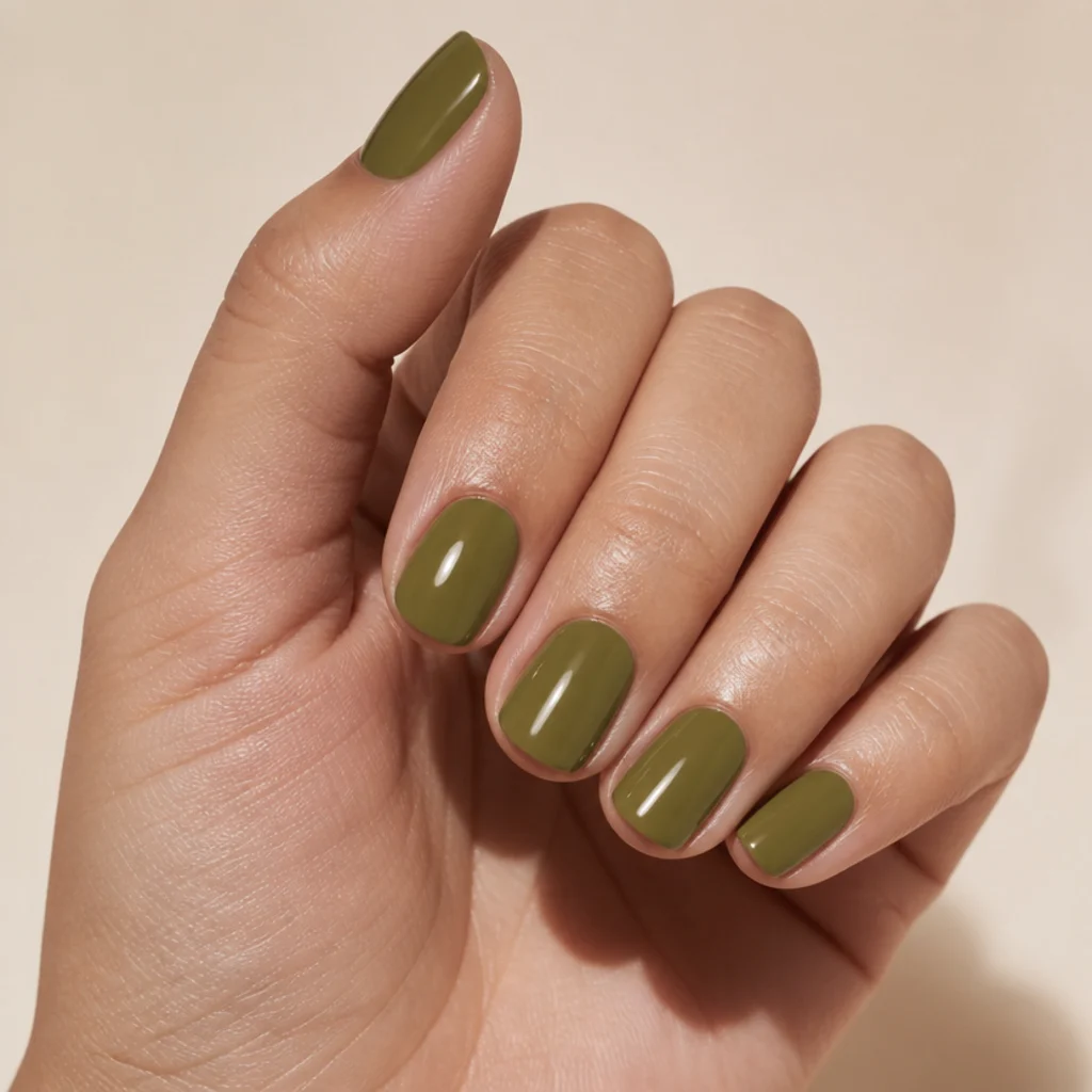 Short rounded olive green acrylic nails, natural length, glossy, on light-medium skin, clean cuticles