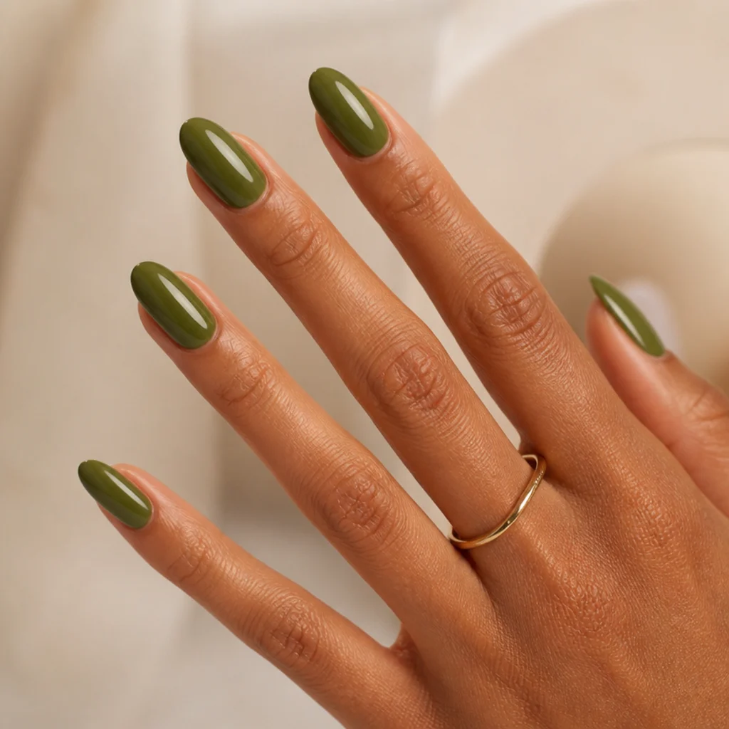 Almond-shaped olive green acrylic nails on warm ivory background, glossy editorial macro