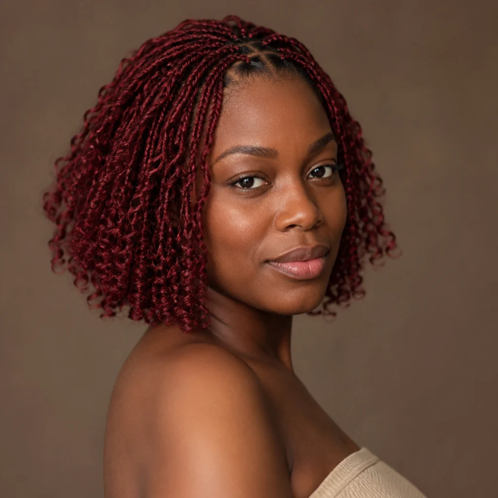 Chin-length cherry-red butterfly locs on a Black woman, three-quarter side angle with visible loose distressed loops framing the jaw